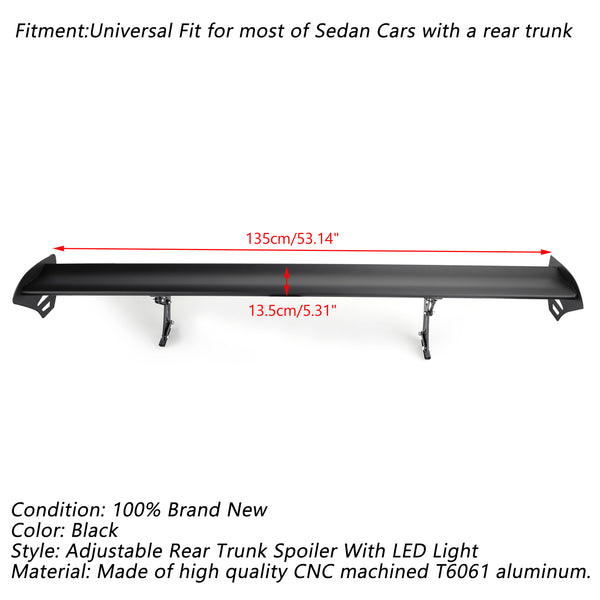 Universal Sedan Adjustable Aluminum Rear Trunk Wing Racing Spoiler With LED Generic