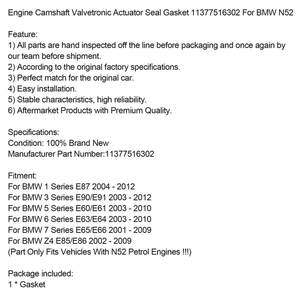 BMW Z4 E85/E86 2002-2009 Engine Camshaft Valvetronic Actuator Seal Gasket 11377516302 Generic