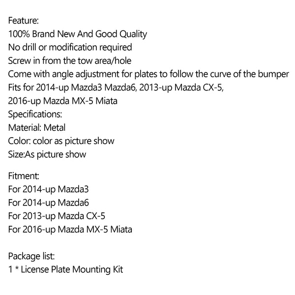 Mazda3 Mazda6 CX5 MX5 Bumper Tow Hook License Plate Mount Bracket Holder  Generic