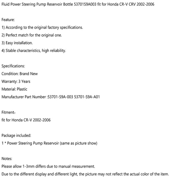 2002-2006 Honda CR-V CRV Fluid Power Steering Pump Reservoir 53701S9A003 Fit Generic