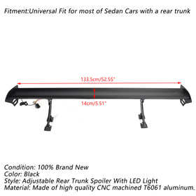 Universal Sedan Adjustable Aluminum Rear Trunk Wing Racing Spoiler W/ LED Light Generic