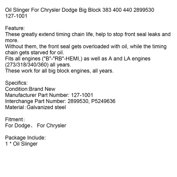 Oil Slinger For Chrysler Dodge Big Block 383 400 440 2899530 127-1001 Generic