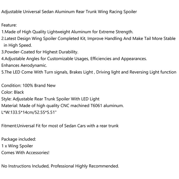 Universal Sedan Adjustable Aluminum Rear Trunk Wing Racing Spoiler W/ LED Light Generic
