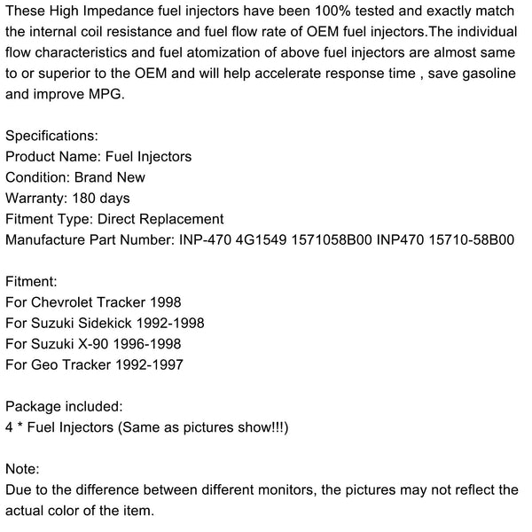 Fuel Injectors 4G1549 1571058B00 INP470 Fit 1992-1997 Geo Tracker Generic