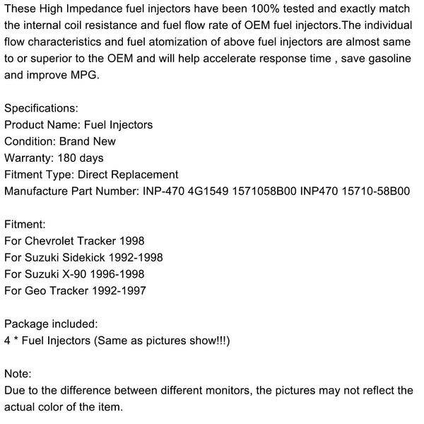 Fuel Injectors 4G1549 1571058B00 INP470 Fit 1996-1998 Suzuki X-90 Generic