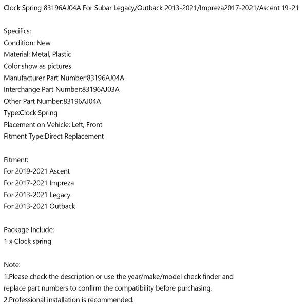 Clock Spring 83196AJ04A 83196AJ03A For Subar Outback 2013-2021 Legacy 13-21 Generic