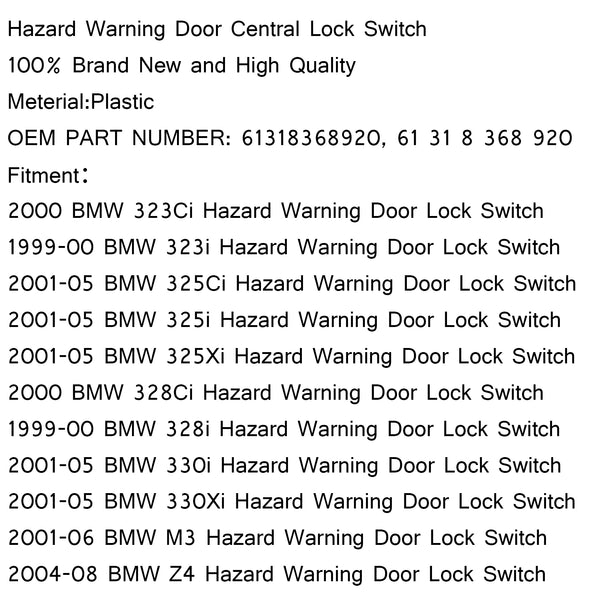 EMERGENCY Hazard Warning Door Central Lock Locking Switch For BMW E46 E53 E85 Generic