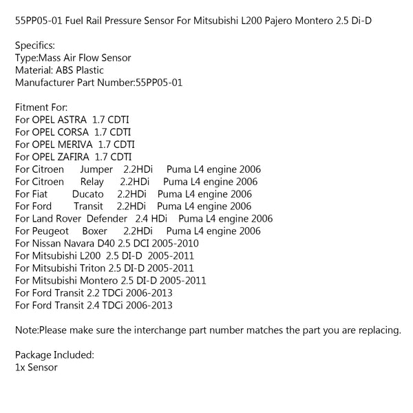 55PP05-01 Fuel Rail Pressure Sensor For Mitsubishi L200 Pajero Montero 2.5 Di-D Generic