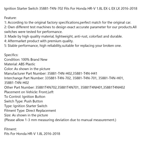 Ignition Starter Switch 35881-T4N-702 Fits For Honda HR-V 1.8L EX-L EX LX 2016-2018 Generic