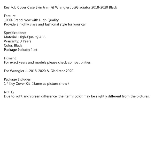Key Fob Cover Case Skin trim Fit Wrangler JL&Gladiator 2018-2020 Black Generic