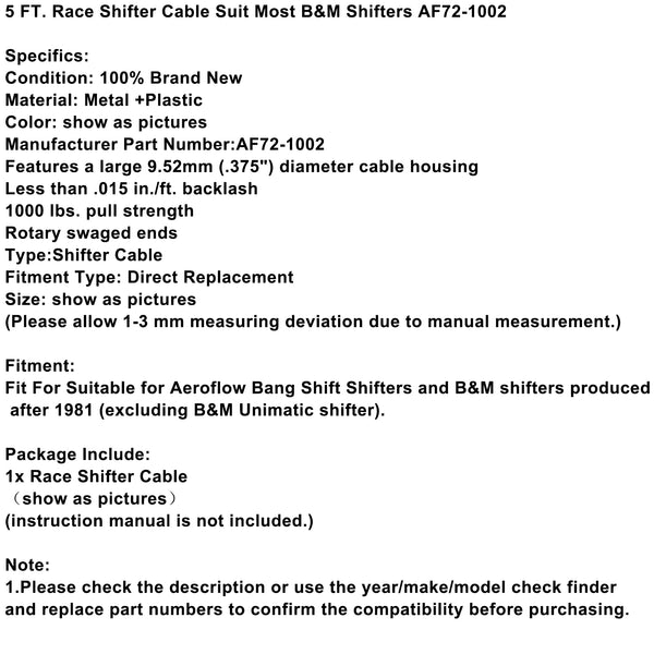5 FT. Race Shifter Cable Suit Most B&M Shifters AF72-1002 Generic
