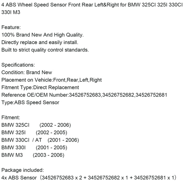 4 ABS Wheel Speed Sensor Front Rear Left&Right for BMW 325CI 325I 330CI 330I M3 Generic