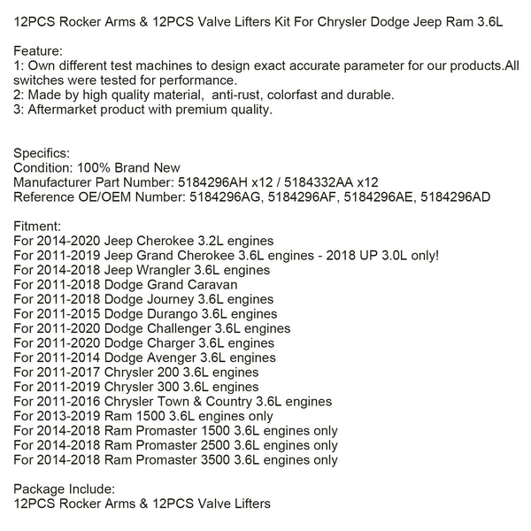 2011-2019 Jeep Grand Cherokee 3.6L engines-2018 UP 3.0L 12PCS Rocker Arms & 12PCS Valve Lifters Kit Fedex Express Generic