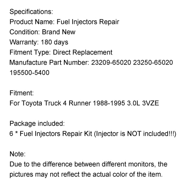 6PCS Fuel Injectors Repair Seal Rebuild Kit fit Toyota 3VZE 1988-1995 3.0L Truck Generic