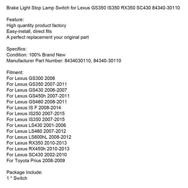 Lexus GS450h 2007-2011 Brake Light Stop Lamp Switch 8434030110 84340-30110 Generic