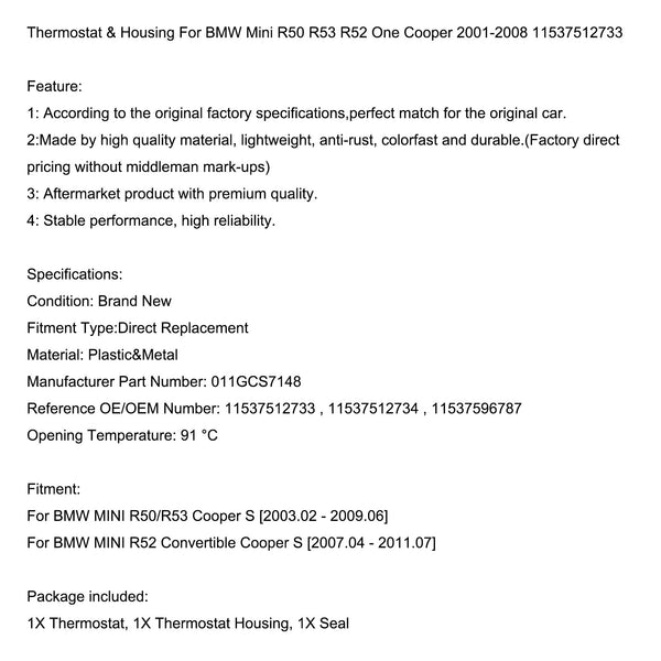01-08 BMW Mini R50 R53 R52 One Cooper 11537512733 Thermostat & Housing Generic