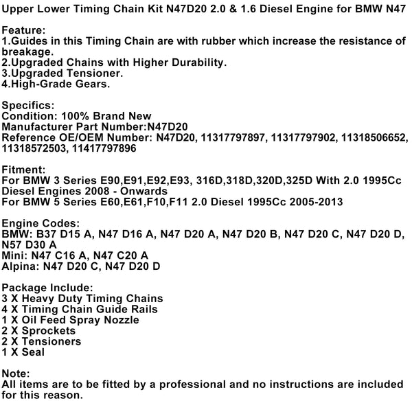 BMW N47 Upper Lower Timing Chain Kit N47D20 2.0 & 1.6 Diesel Engine Generic