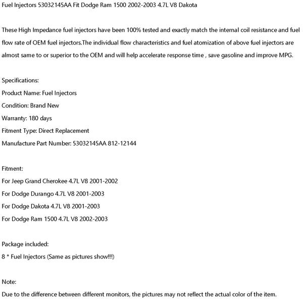 2001-2003 Dodge Durango/Dakota 4.7L V8 8PCS Fuel Injectors 53032145AA 812-12144 Generic