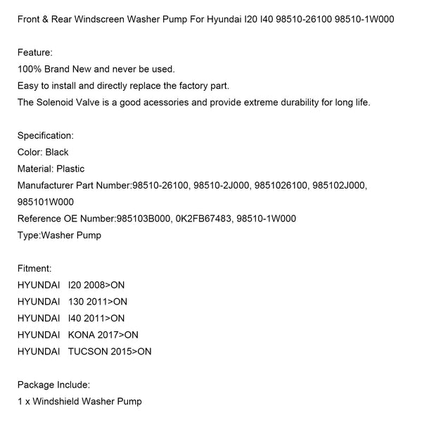 Front & Rear Windscreen Washer Pump For Hyundai I20 I40 98510-26100 98510-1W000 Generic