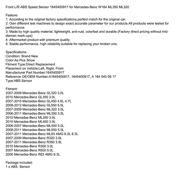 W164 ML350 ML320  Mercedes-Benz Front L/R ABS Speed Sensor 1645400917 Generic