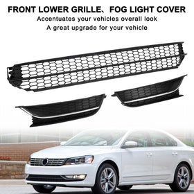 2012-2015 VW Passat Front Lower Grille + Fog Light Cover W/O Hole Combo Set 5618536779B9 VW1036126 Generic