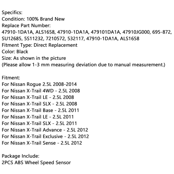2008-2013 Nissan Rogue 2.5L ALS1658 2Pcs Front ABS Wheel Speed Sensor Generic