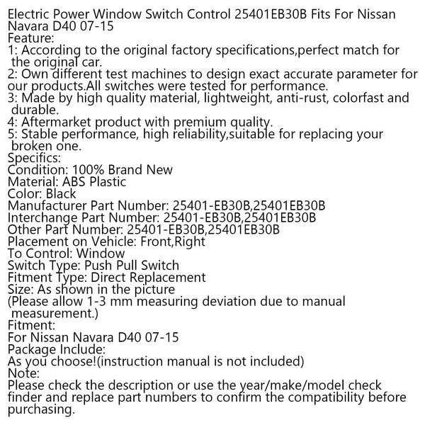Electric Power Window Switch Control 25401EB30B Fits For Nissan Navara D40 2007-2015 Generic