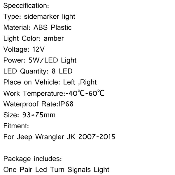 2x Front Fender Parking Side Marker LED Turn Light For Wrangler JK 2007-15 Generic