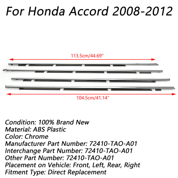 2008-2012 Accord 4pcs Chrome Weatherstrip Window Moulding Trim Seal Belt Generic