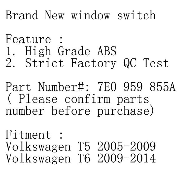 Driver Side Power Electric Window Control Switch Button For VW Transporter T5 T6 Generic