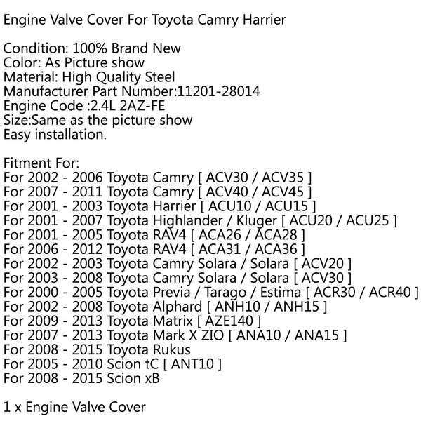 Engine Valve Cover Fits For Toyota Camry Harrier RAV4 2.4L 2AZ 2AZFE 11201-28014 Generic