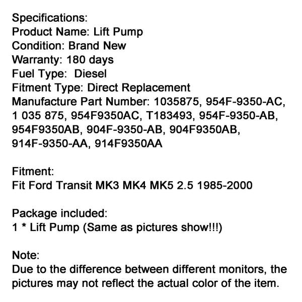 1985-2000 Ford Transit MK3 MK4 MK5 2.5 Fuel Lift Pump 1035875 954F9350AC  T183493 Generic