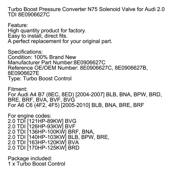 Turbo Boost Pressure Converter N75 Solenoid Valve for Audi 2.0 TDI 8E0906627C Generic