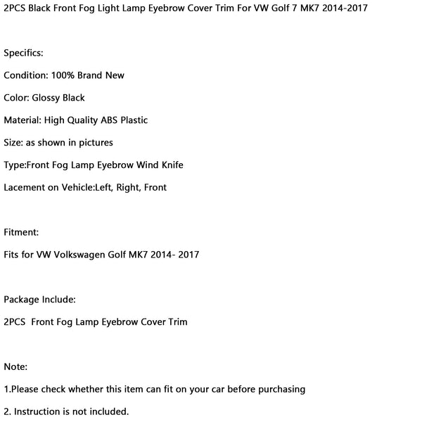 2PCS Black Front Fog Light Lamp Eyebrow Cover Trim For 2014-2017 VW Golf 7 MK7 Generic