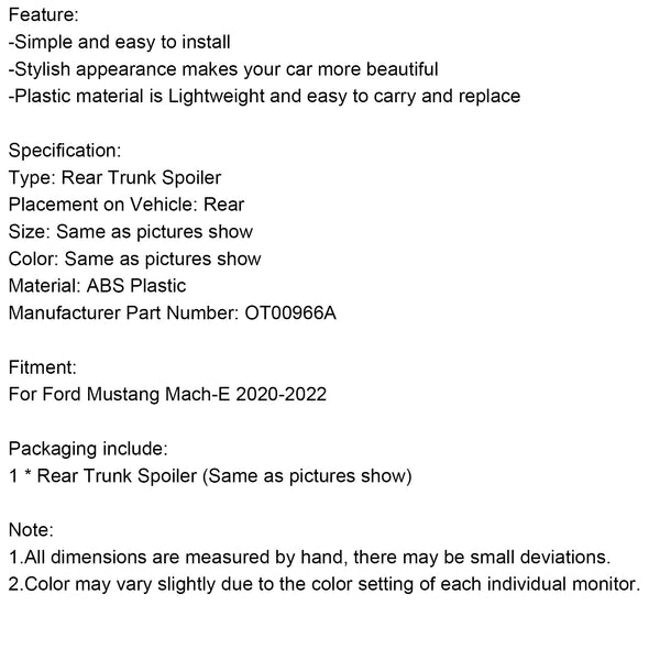 2020-2022 Ford Mustang Mach-E 4-Door Gloss OT00966A Black Rear Trunk Wing Spoiler Generic