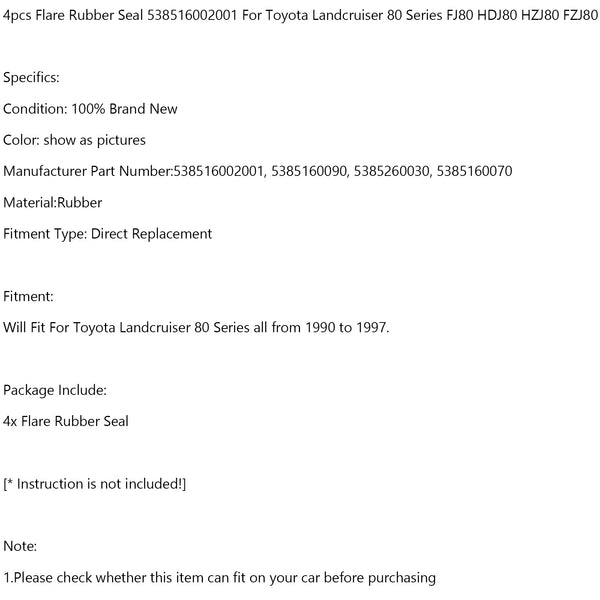 Toyota Landcruiser 80 Series FJ80 HDJ80 4x Flare Rubber Seal 538516002001 Generic