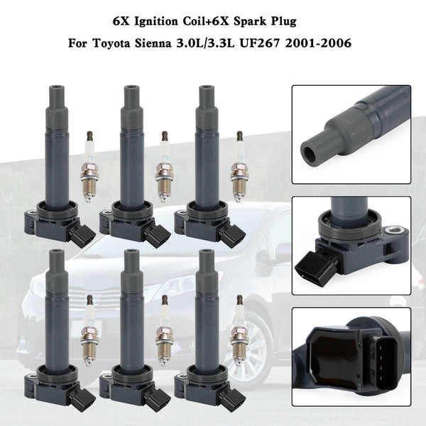 2002-2006 Toyota Camry 3.0L V6 6PCS Ignition Coil+6PCS Spark Plug 90919-02234 UF267 1788315 6731301 Generic