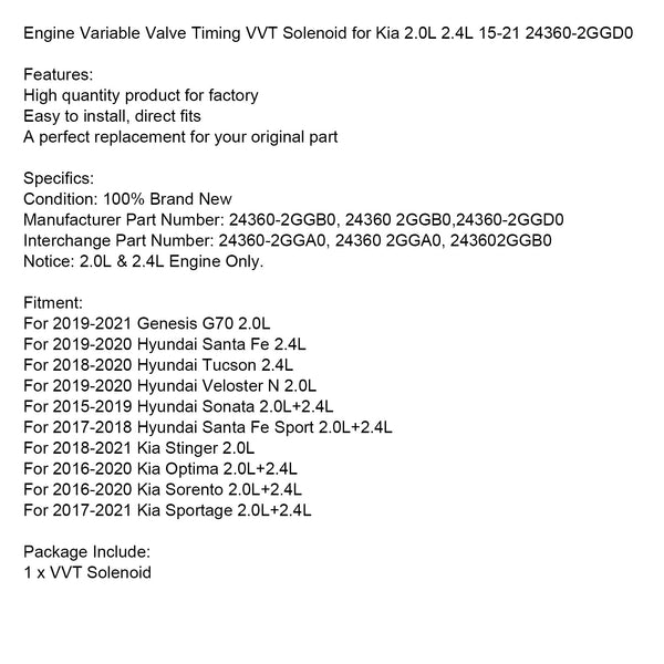 2016-2020 Kia Optima 2.0L+2.4L Engine Variable Valve Timing VVT Solenoid 24360-2GGB0 24360-2GGA0 24360-2GGD0