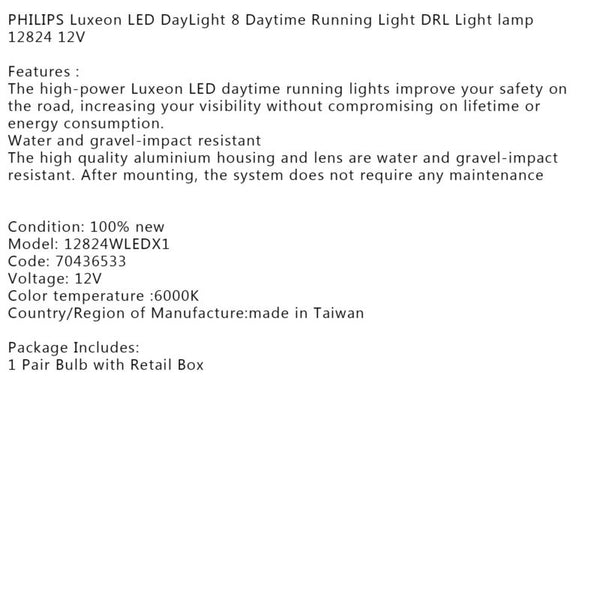 Running 12V 12824 Light PHILIPS DayLight lamp Luxeon LED Daytime 8 Light For DRL Generic