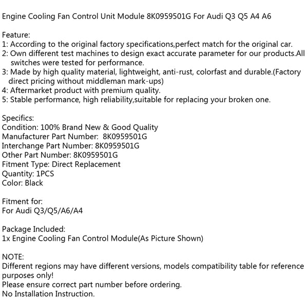 Audi Q3 Q5 A4 A6 8K0959501G Engine Cooling Fan Control Unit Module Generic