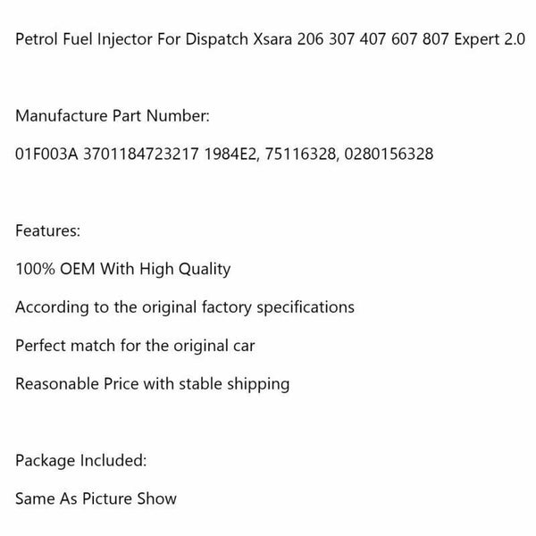 Petrol Fuel Injector Fits Dispatch Xsara 206 307 407 607 807 Expert Generic