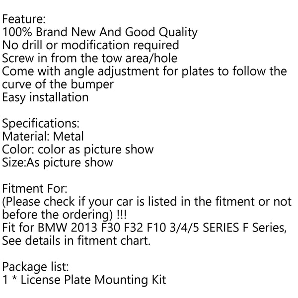 F10 F30 F32 3/4/5 SERIES BMW New Bumper Tow Hook License Plate Mount Bracket Generic